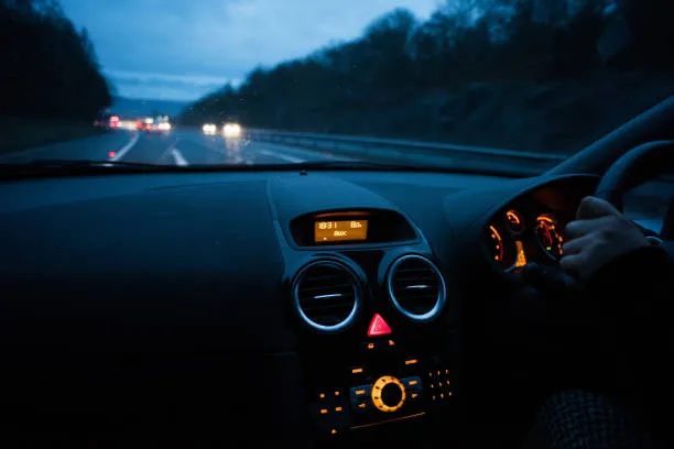 Dashboard lights and traffic ahead on a road at dusk